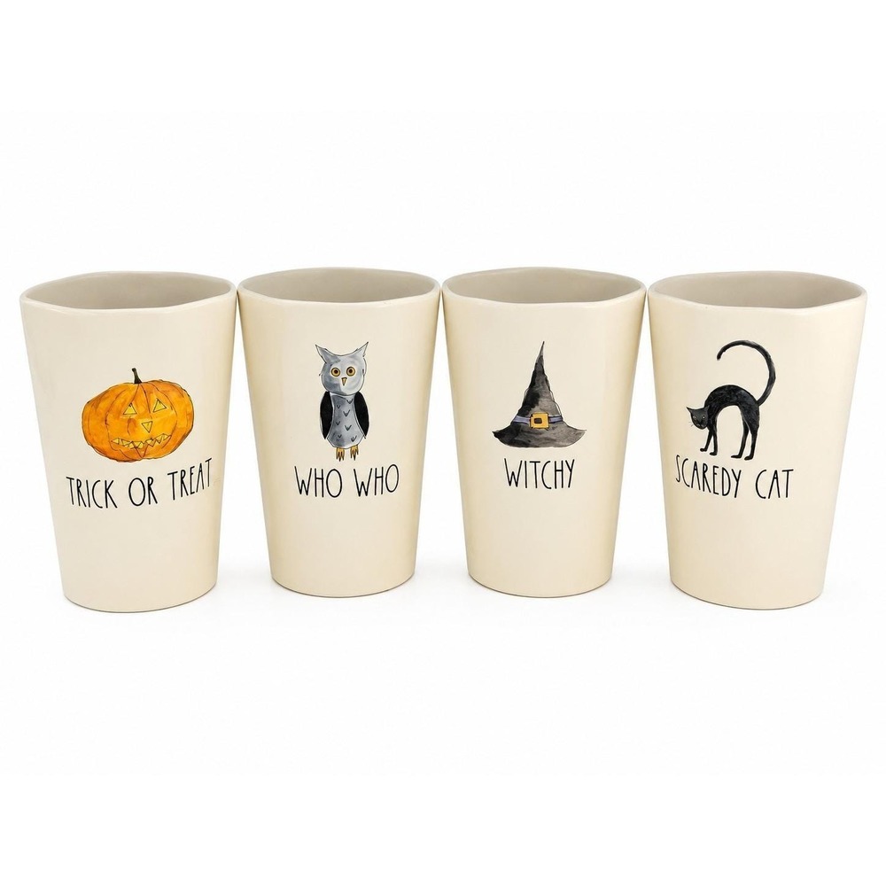 Rae Dunn Halloween Melamine Tumbler Set of 4 Trick or Treat Witchy Scaredy Cat